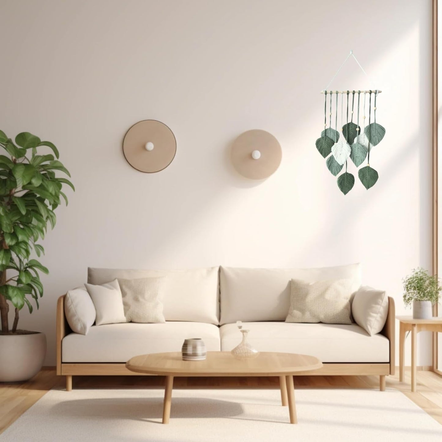 Madiffcult Macrame Wall Hanging Boho Wall Decor Woven Feather Wall Art Handmade Macrame Leaf Tapestry with Wooden Beads for Bedroom Living Room Nursery 16x27 Inch (Green)