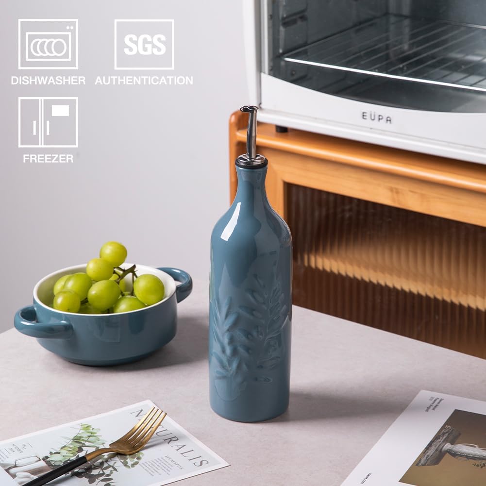 Sweejar Large Ceramic Olive Oil Dispenser Bottle, 24 Oz Relief Opaque Oil Cruet Protects Oil To Reduce Oxidation, Storage Vinegar, Soy Sauce, Coffee Syrup, Liquids, Set of 1 (Fog blue)