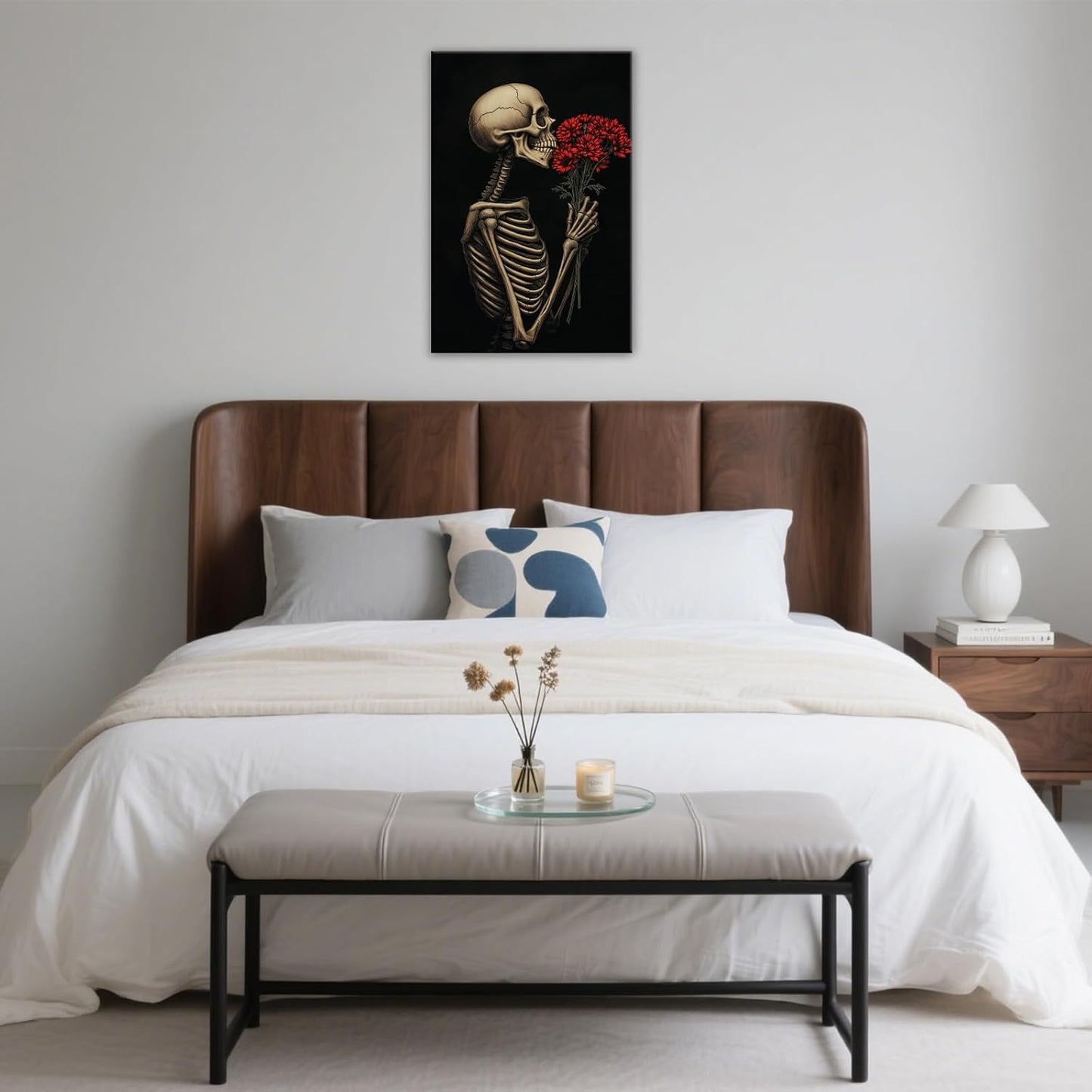 OAAPITI Red Rose Skull Wall Art Dark Themed Skeleton Painting Modern Artwork for Gothic Home Decor(Artwork-5,28"x42")