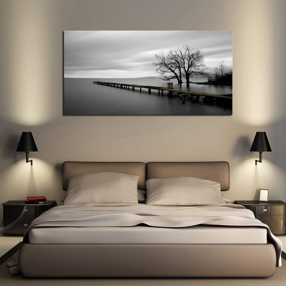 DZL Art S74962 Canvas Prints Modern Minimalist Black and White Lake Trees Landscape Wall Art Painting for Living Room Bedroom Decor Office Wall Decor Home Decoration
