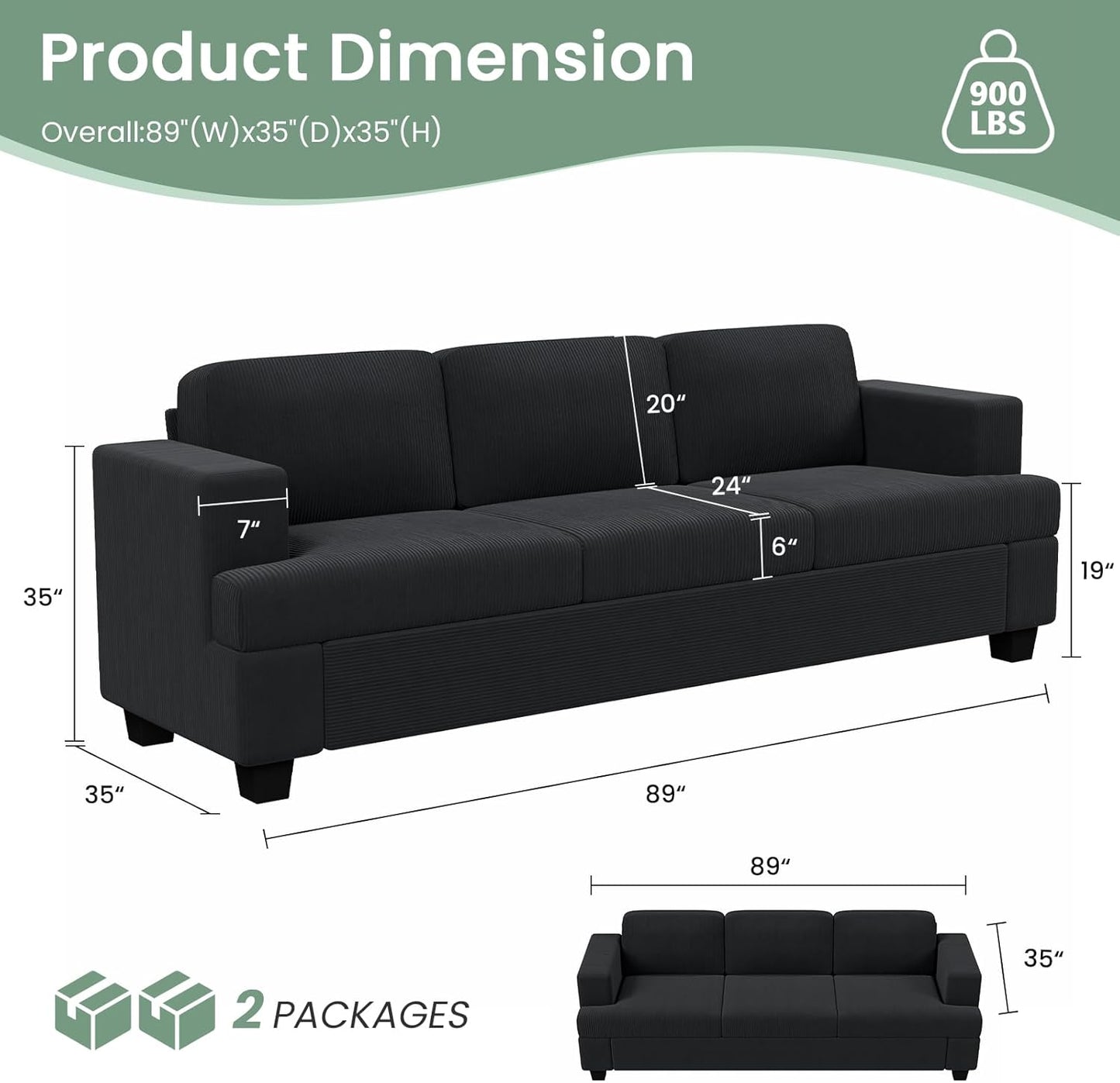 3 Pieces Corduroy Couch Set for Living Room, 8 Seats Cloud Sofa, Deep Seat Floor Couch for Bedroom, Futon Modern Sofa Sectional Bed, Black Corduroy