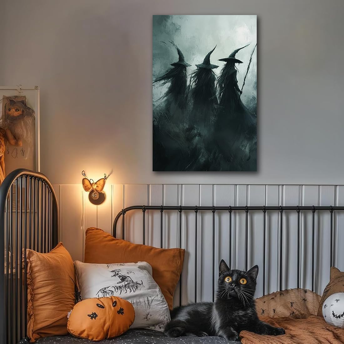 Gothic Witchs Horror Halloween Wall Art,Three Witches in Moody Forest Painting Wall Decor,Autumn Spooky Witches Forest Canvas Printing For Gallery Living Room Bedroom,16"x24" Unframed