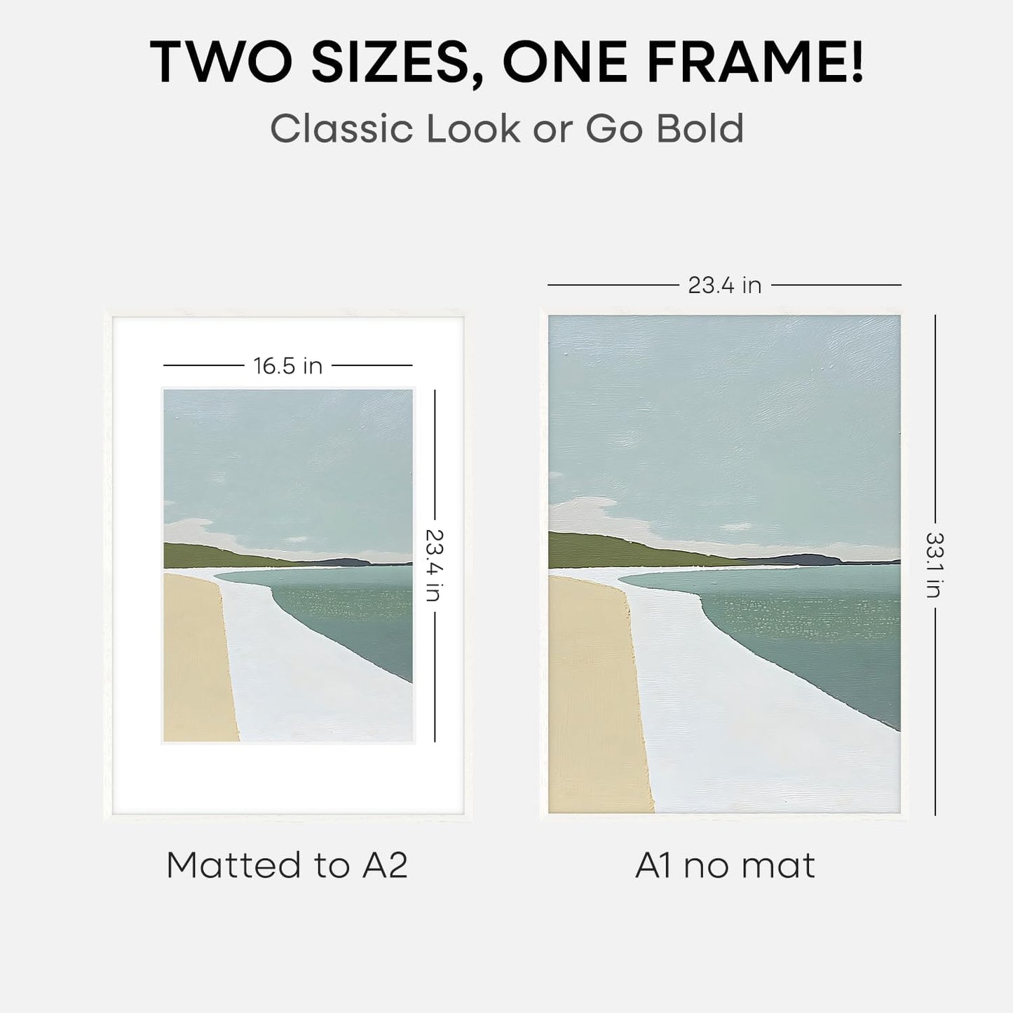 Homeforia A1 Frame White Wood, High End Oak 23.4 x 33.1 White Wooden Poster Frames Matted to 16.5 by 23.4 inches Photo, A1 Size Large Wood Picture Frame with Mat A2, Tempered Glass, Wall Kit, Set of 1