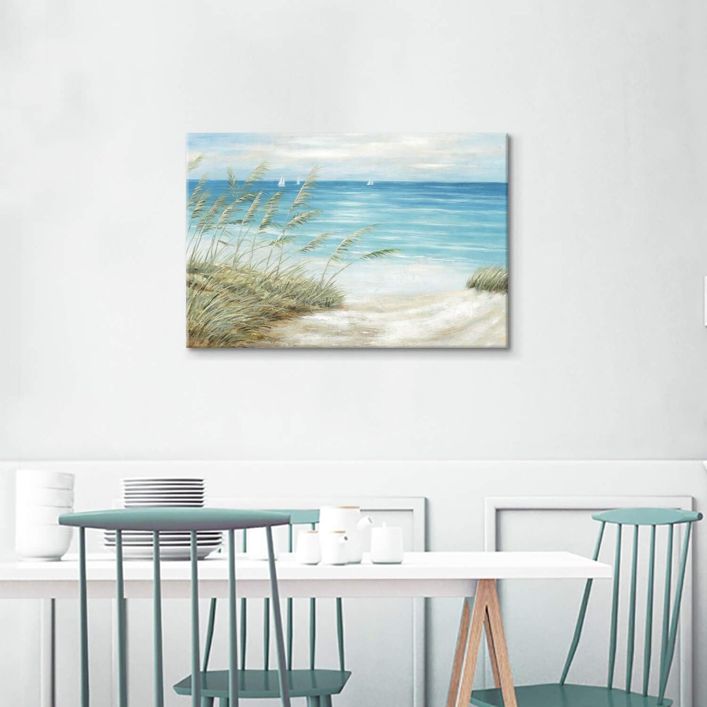 cozy country Coastal Wall Art 45"x30" - Beach Pictures Ocean Canvas Decor - Nautical Artwork Seascape Hand Painting for Living Room, Sea House