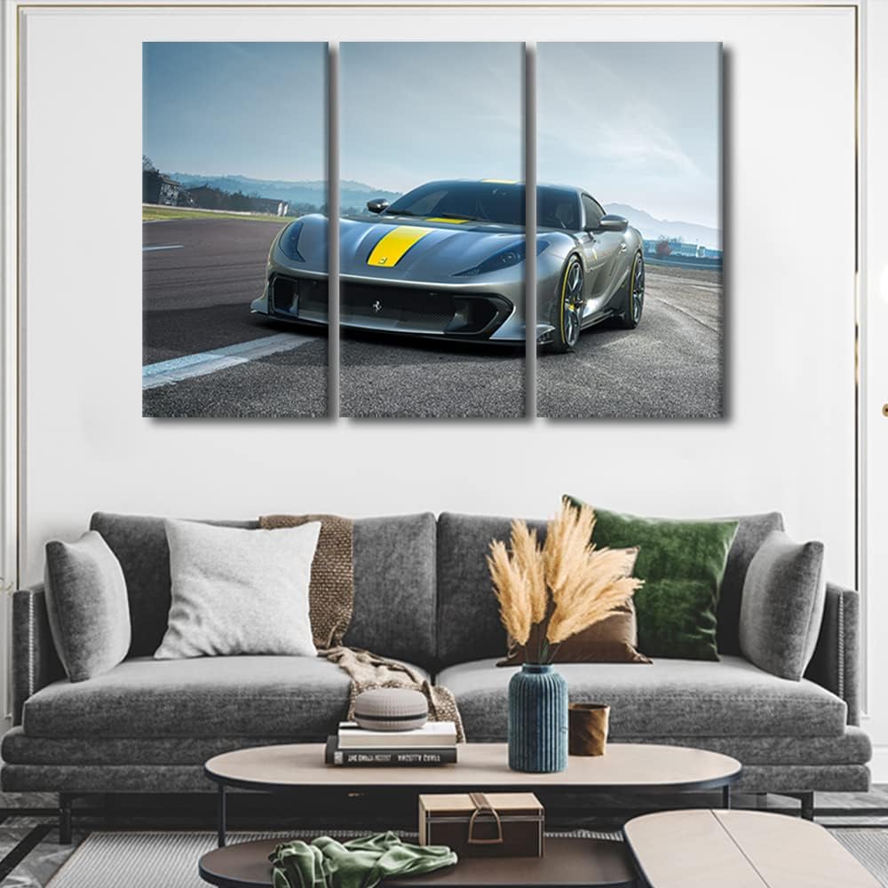 TUMOVO Supercar Wall Art for Living Room Gray Sports Car Canvas Wall Art Car on the Runway Pictures Modern Wall Decor Art for Teen Boys Mens Bedroom Office Paintings Framed Ready to Hang, 36" Wx24 H
