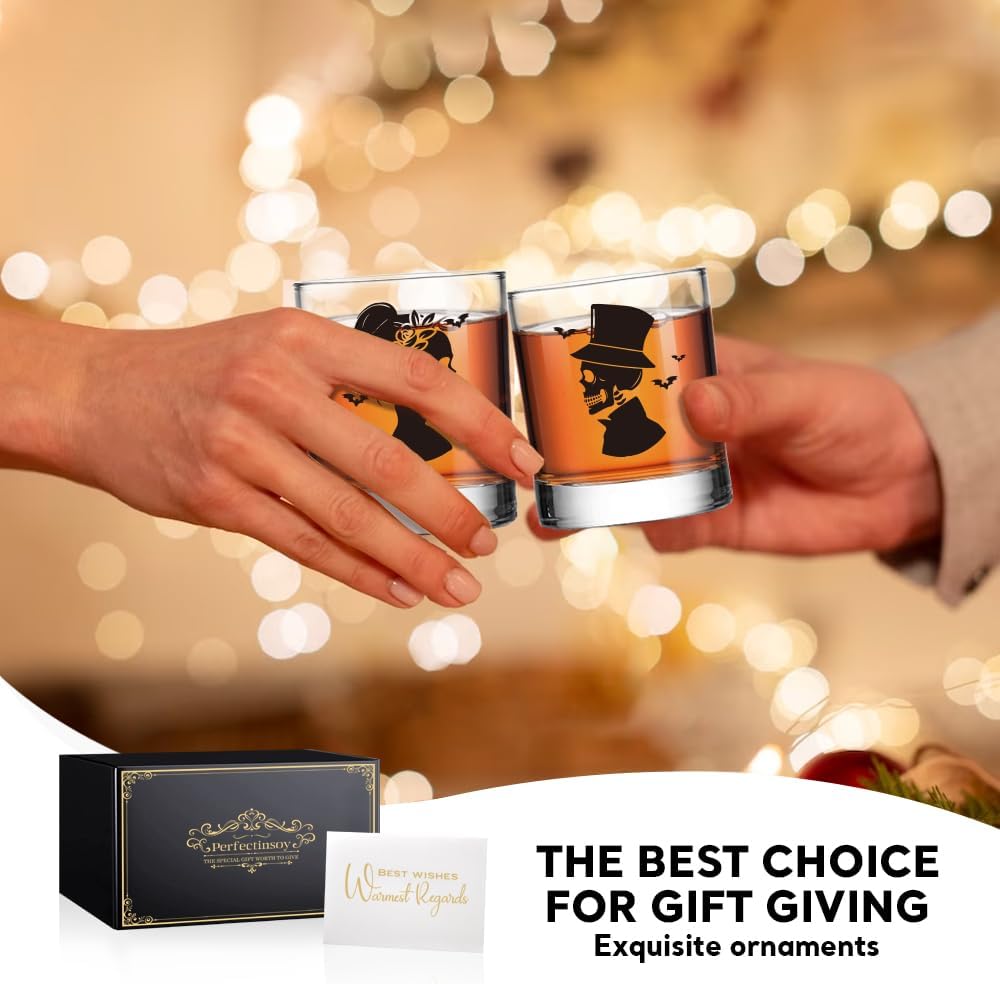 Perfectinsoy Skull Whiskey Glass 2 Piece with Metal Card, Couple Skull Gothic Design, Anniversary Wedding Gifts, Couple Gift for Boyfriend and Girlfriend, Valentine's Day Fall Halloween