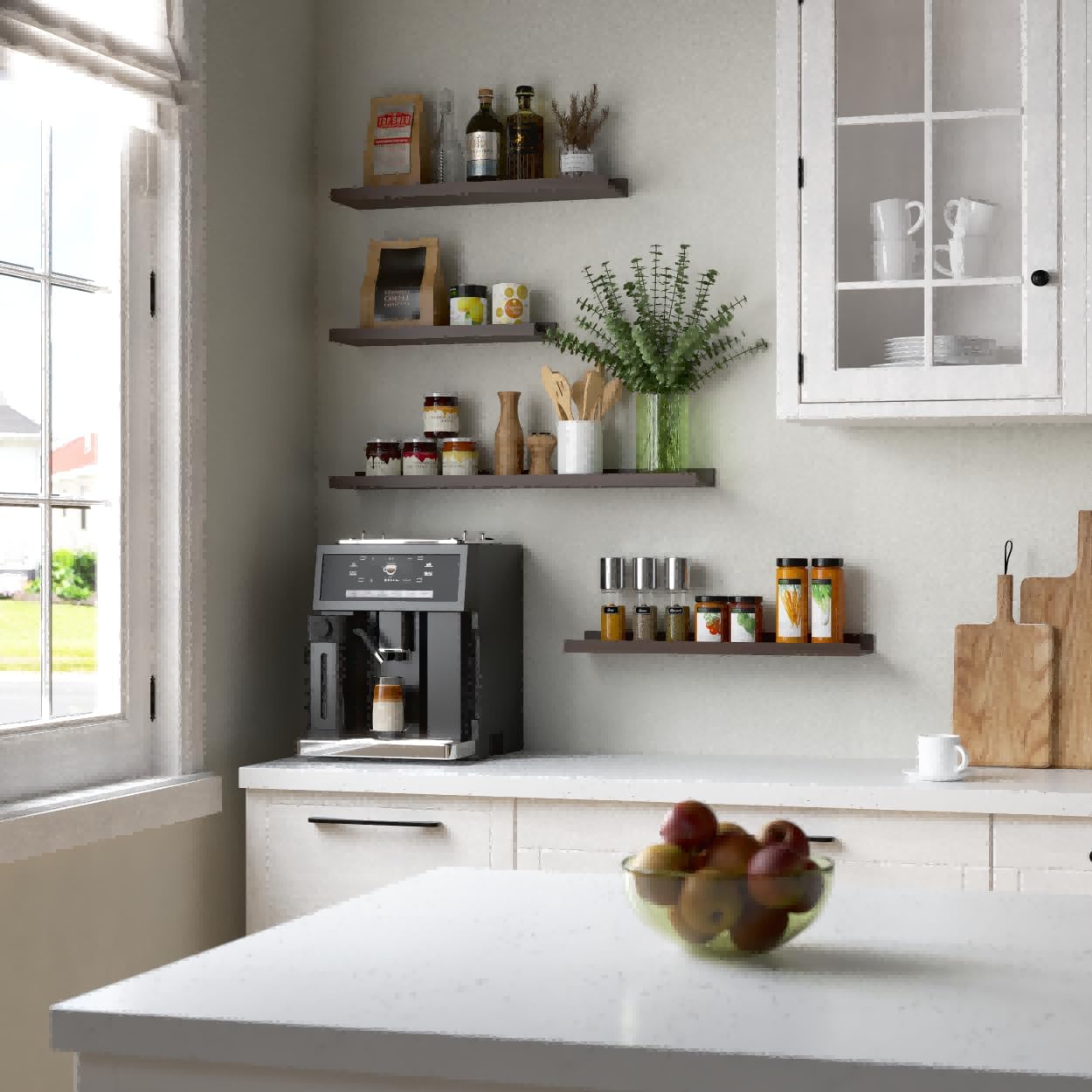 RICHER HOUSE 5 Set Floating Shelves for Wall Decor, Wall Mounted Book Shelf, Nursery Shelves Picture Ledge Shelf with Lip for Wall Storage, Bedroom, Living Room, Bathroom - Walnut