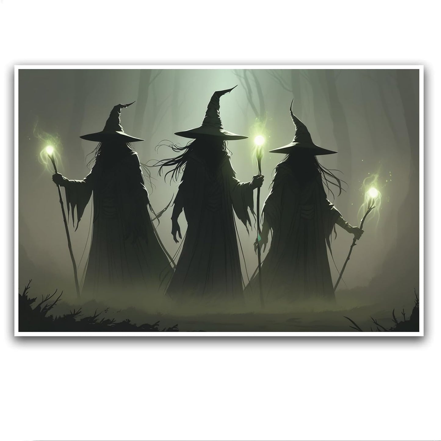 JFHCQJPK Vintage 3 witches canvas wall decor melancholy dark Halloween poster wall decor holding a staff print Gothic horror Halloween painting print for living room bedroom16x24in Frameless