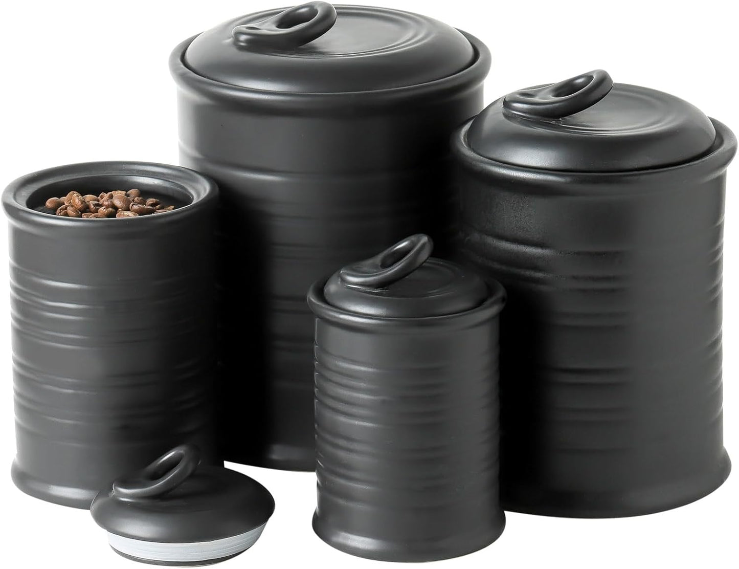 Nihow Food Storage Jar Sets: Ceramic Container with Air Tight Lid for Flour/Sugar/Rice/Coffee/Cookies/Candy - Seal Damp-proof Canister for The Kitchen Counter - Set of 4 （Matte Black）