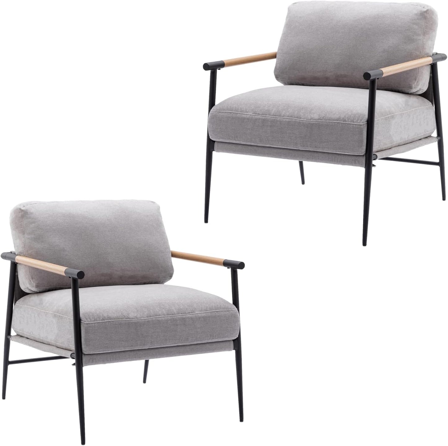Mid-Century Accent Chair Set of 2, Soft Armchair Chenille Fabric Lounge Chair with Black Metal Legs, Upholstered Leisure Chair for Living Room Bedroom Reception Room, Grey