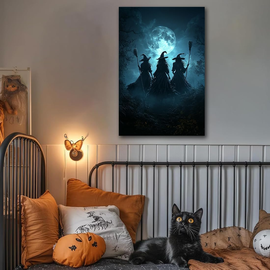 Moonlight Witches Halloween Canvas Art Picture,Three Witches on Broom in Forest Painting Print Gothic Decor,Halloween Witch Poster Witchy Room Aesthetic Bedroom Home Decorations,12"x18" Framed