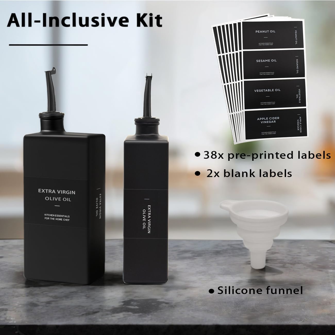 Olive Oil Dispenser Bottle for Kitchen 16.9oz, Glass Oil Bottles and Vinegar Dispenser Set, Decorative Avocado Oil Dispenser Set (Black, Set of 2)