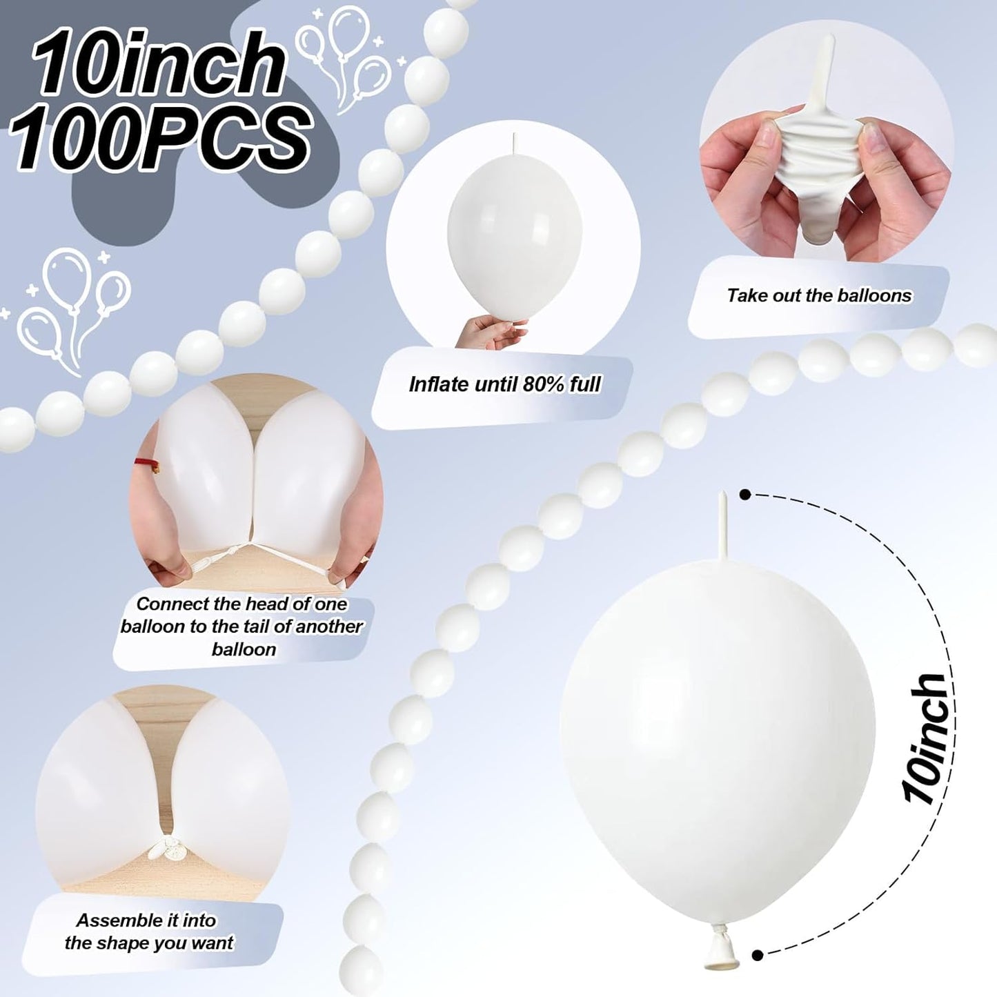 White Quick Link Balloons - 100PCS Linking Balloons for Wedding, Birthday, Baby Shower, Engagement, Graduation Party Decorations (10inch)