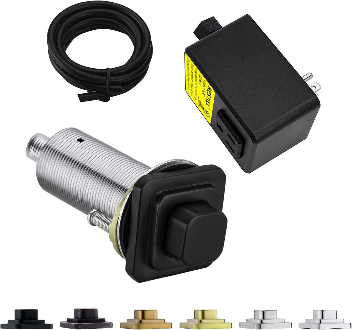 BESTILL Garbage Disposal Air Switch Kit, Square Raised Push Button Ideal for Long Nails, Cordless Sink Top Brass Switch for Food Waste Disposer, Matte Black, Compatible with all Garbage Disposals