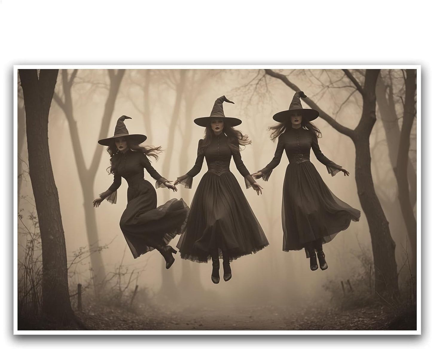 JFHCQJPK Three ghost witches flying in vintage forest gothic wall art witchcraft decoration holiday gift canvas wall art print16x24in Frameless