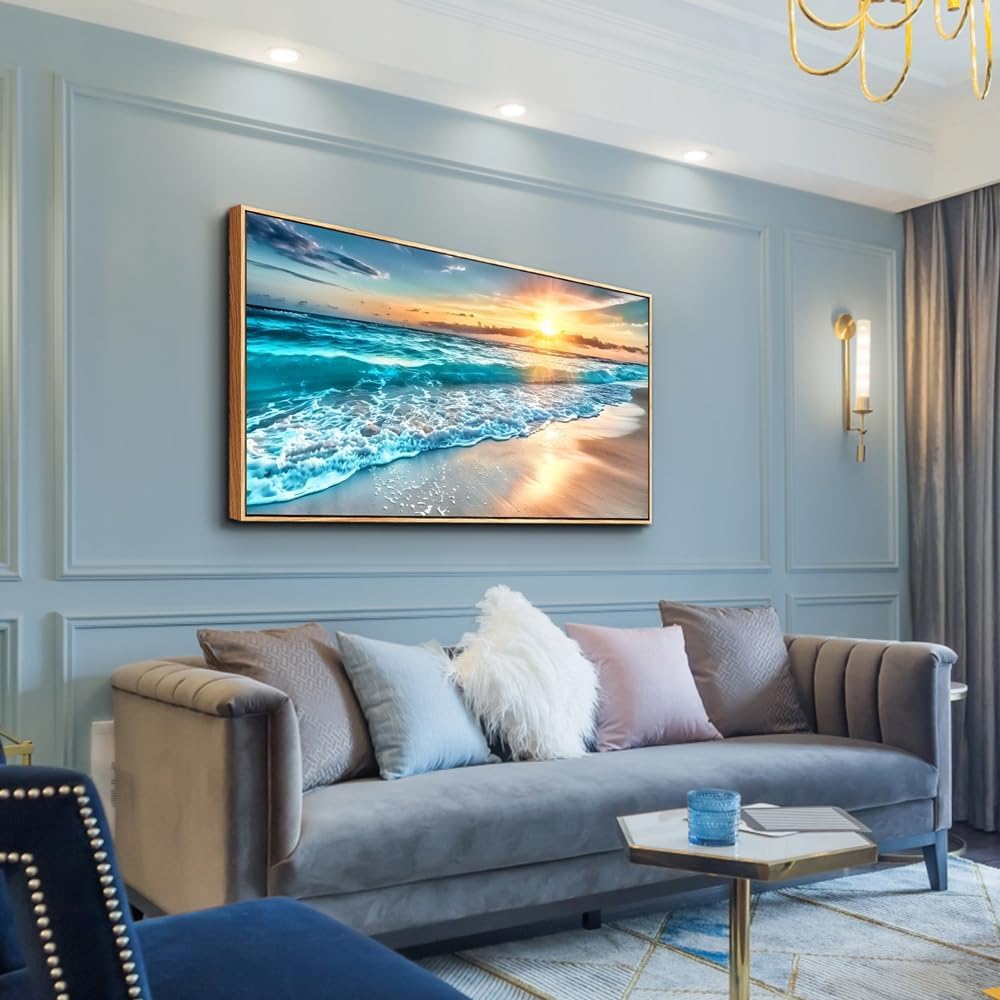 hyidecorart Large Wall Art For Living Room Wall Decorations For Bedroom Office Wall Decor Wood Framed Canvas prints Painting Blue Sea Wave Pictures Modern Beach Seascape Posters Home Decor Artwork