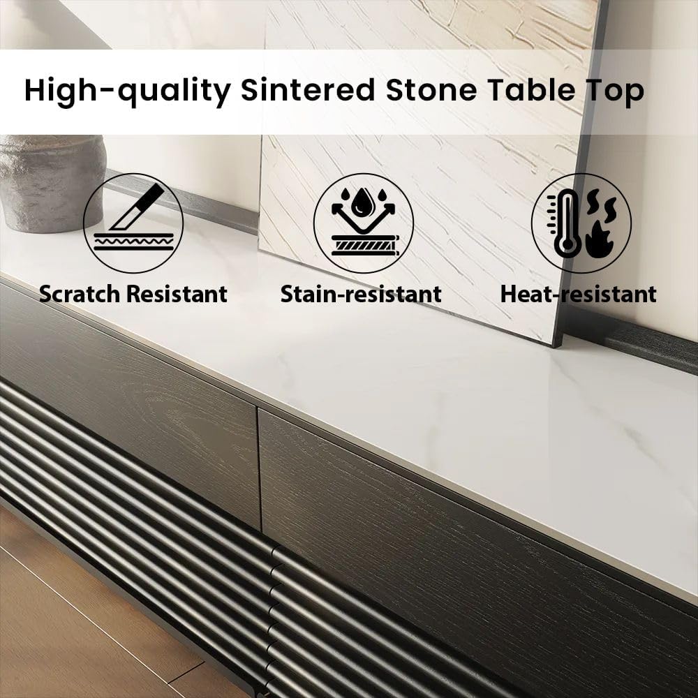 POVISON Fully-Assembled Mid Century Glossy Sintered Stone Tabletop TV Stand with Legs, Wood Media Console with Adjustable LED Light for 75-inch TVs, Entertainment Center with Storage for Living Room