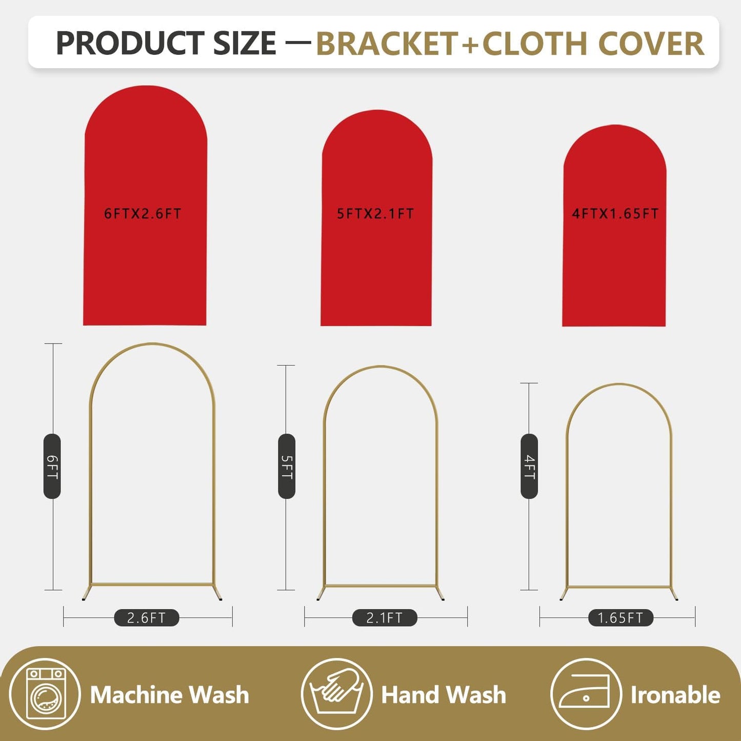 Arch Backdrop Stand and Cover Set, 3 Metal Balloon Arch Backdrop 4ft 5ft 6ft, Gold Arched Stand Frame for Wedding, Parties,Birthday, Backdrop Decorations (Red,4ft+5ft+6ft)