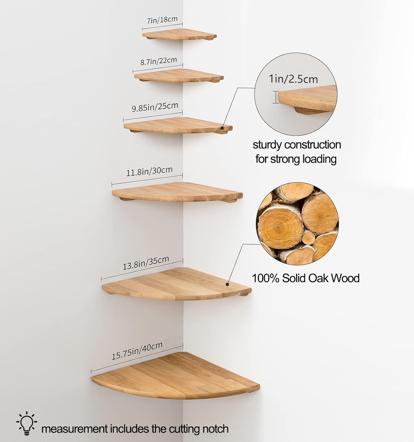 Corner Shelf, 12inch Solid Oak Wood Floating Corner Shelves Wall Mount Round End Floating Speaker Shelf with Wire Hole for Small Plant Photo Frame for Bedroom Kitchen, Living Room