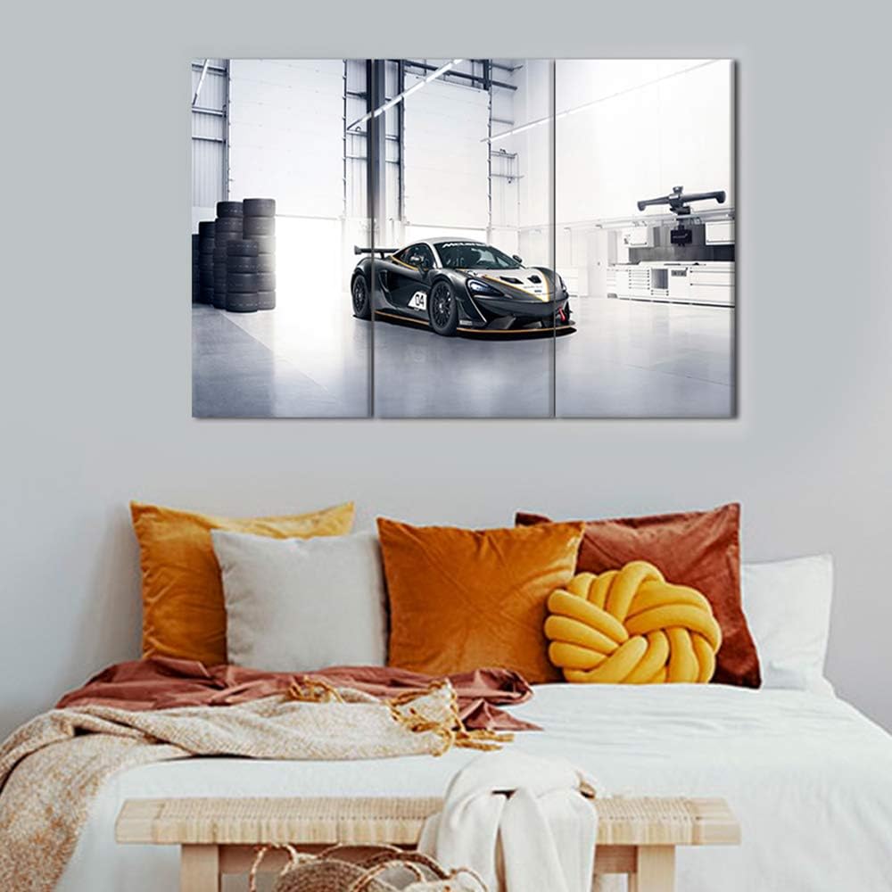 TUMOVO 3 Pieces Black and White Sports Car Wall Art Picture Home Decoration Living Room Canvas Print Painting Wall Picture with Frame and Stretched Ready to Hang - 12 x 24 inch x 3 Panels