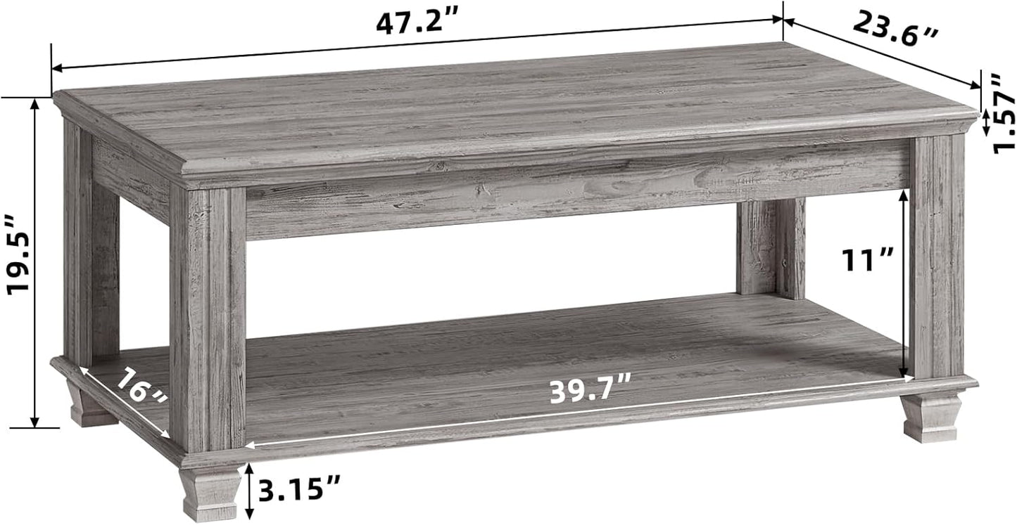 Farmhouse Coffee Tables for Living Room,Square Tea Table with Open Storage Shelf,Large Coffee Table,Rustic Wooden Center Table,Gray