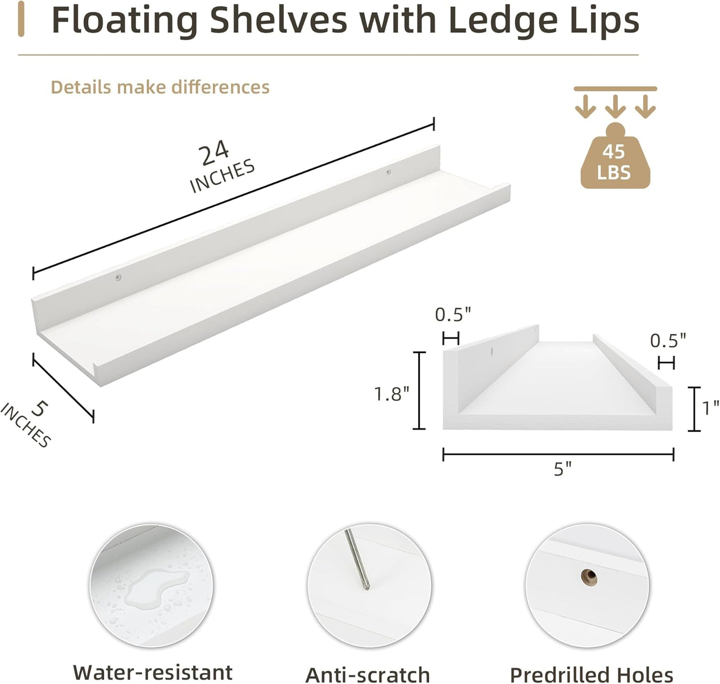 Picture Ledge Shelf, Wood Floating Shelves Set of 4, 24 inch Picture Ledge Shelves, Photo Ledge Nursery Book Shelves Wall Mounted for Living Room Kids' Room Bedroom, Color White