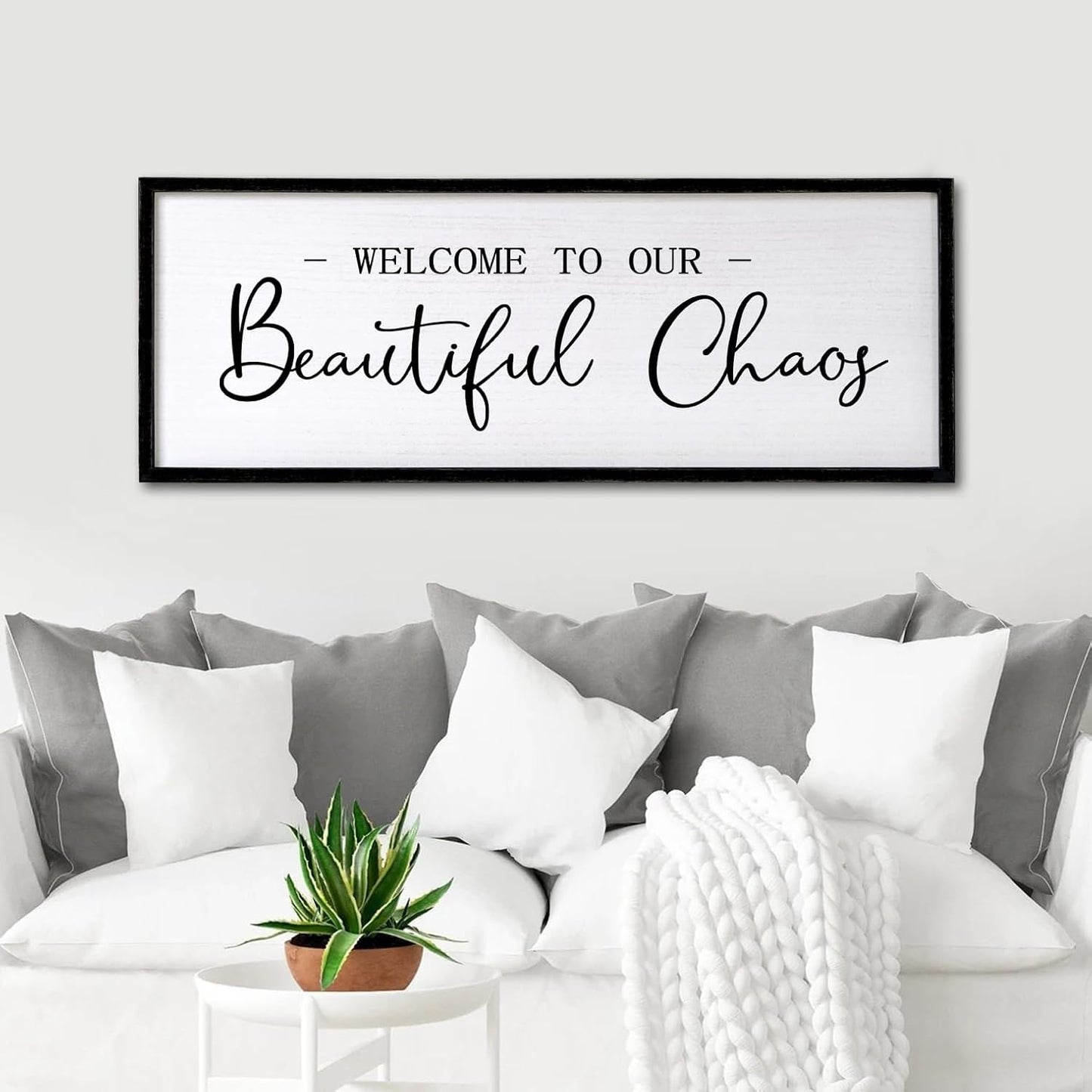 Welcome To Our Beautiful Chaos Sign Wall Decor Framed Wood 32X12 Inch For Rustic Home Living Room Entryway Bedroom Hanging Art (Wood)