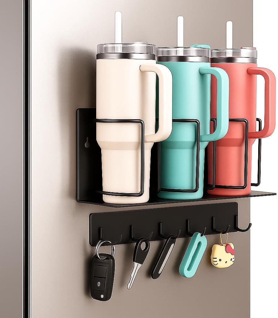 Strong Magnetic Cup Holder for Fridge, Fits Stanley 40/30/20 oz, Yeti & More, No-Drill Tumbler Organizer with Lid & Straw Storage, Kitchen & RV Space Saver(2-Piece Set)