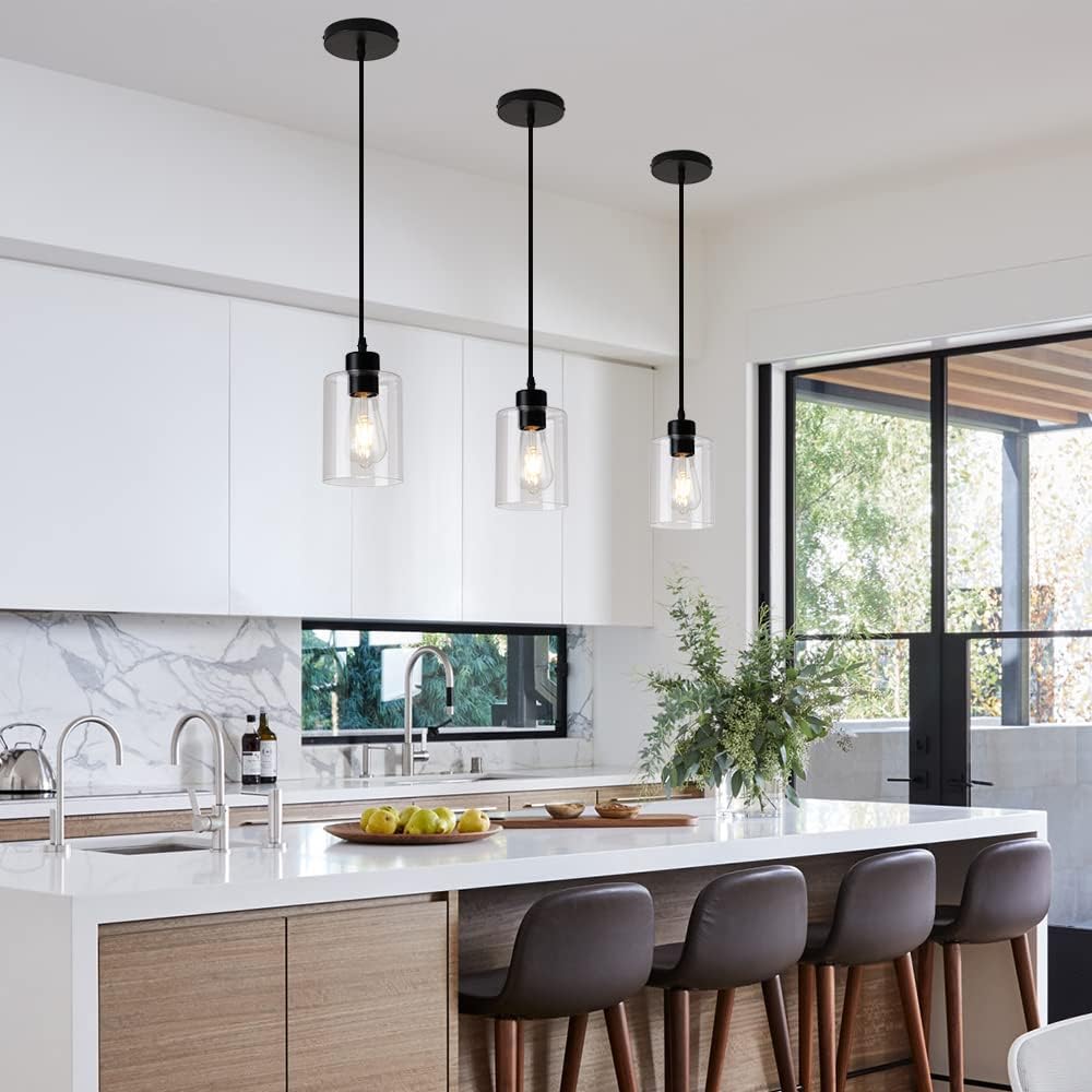 Modern Black Farmhouse Clear Glass Cylinder Pendant Light Fixture,Mini Pendant Lighting for Kitchen Island Decor - 4.75 Inch Shade, 2-58 Inch Cord (Black 3 Pack)