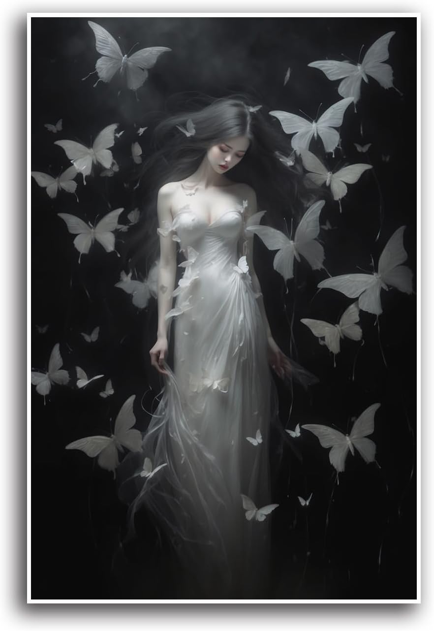 JFHCQJPK Vintage Gothic Feminine Canvas Wall Art Print Butterfly Poster Moody Female Wall Art Retro Artwork Dark College Decor for Home Bedroom16x24in Frameless