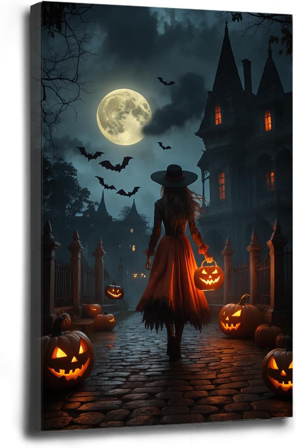 Halloween theme poster moonlit autumn night witch vintage poster art print dark college style gothic painting canvas wall decoration bedroom living room ideal gift20x30in Wood Framed