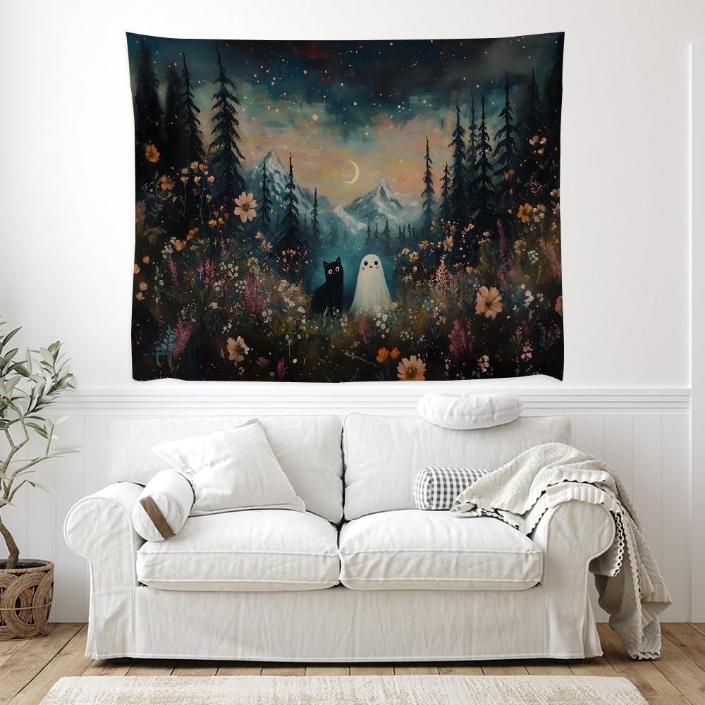 Whimsical Halloween Tapestry Wall Hanging Ghost and Black Cat in Magical Forest Wildflowers Meadow Tapestry Art Print Charming Spooky Fall Season Tapestries for Living Room Bedroom Decor 50x60inch