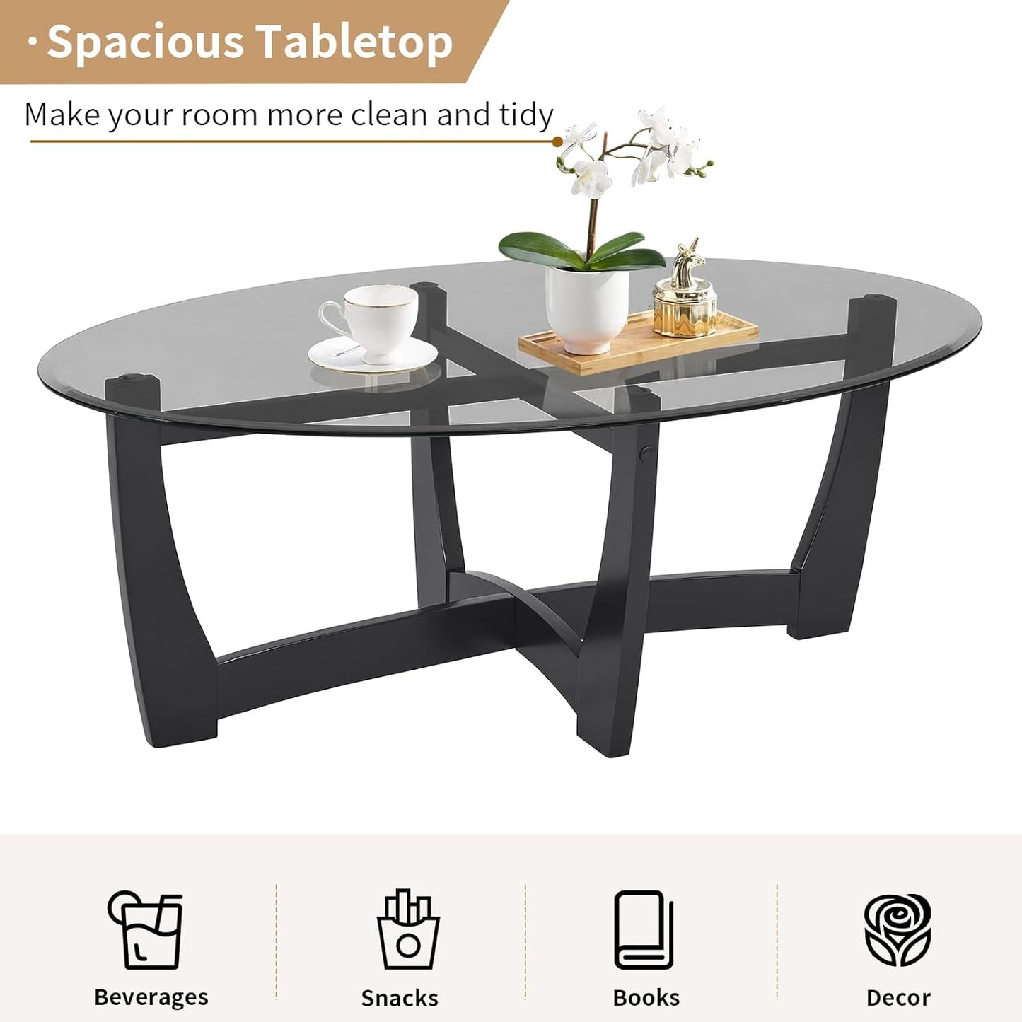 48" Oval Glass Coffee Table with Black Tempered Glass Top Cross and Solid Wood Base Simple & Modern Center Table for Living Room Office Apartment Black