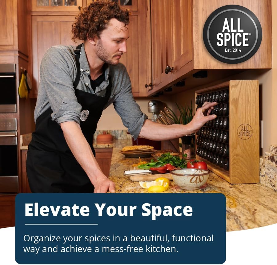 AllSpice Spice Rack Organizer, Wood, 525 Unique Labels, Countertop or Wall Mount, Includes 60 4oz Jars- Bamboo