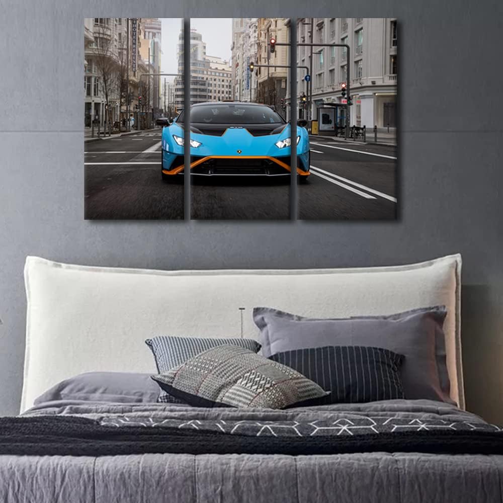 TUMOVO Canvas Art Wall Decor Sports Car on the Street Bedroom Wall Art Pictures for Living Room Super Car Wall Painting 3 Pieces Downtown Modern Wall Art Stretched and Framed Ready to Hang 36" Wx24 H