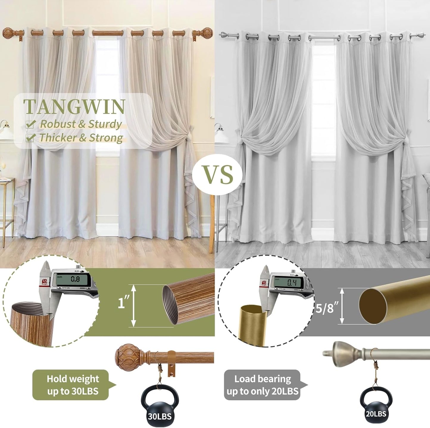 2 Pack Wood Curtain Rods for Windows 66 to 120 Inch,1 Inch Adjustable Curtain Rod Set,Heavy Duty Curtain Rods,Wooden Netted Texture Drapery Rods,Single Window Curtains Rods 66-120",Brown Wood