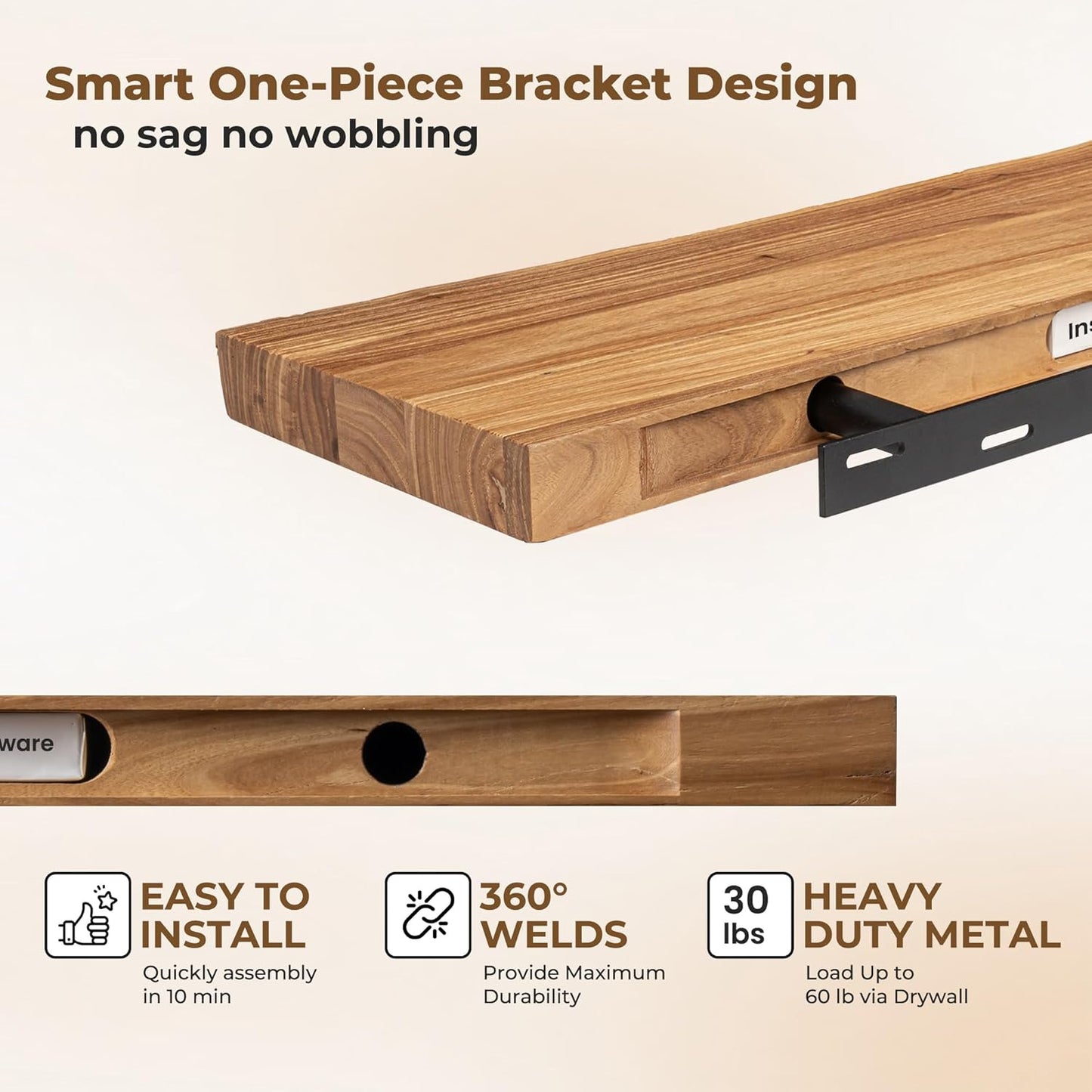 Axeman 40 inch Floating Shelves for Wall - 8'' D Live Edge Rustic Solid Elm Wood Floating Shelves Wall Mounted, Wall Shelves with Invisible Bracket for Living Room Bedroom Kitchen, 1 Pc Natural