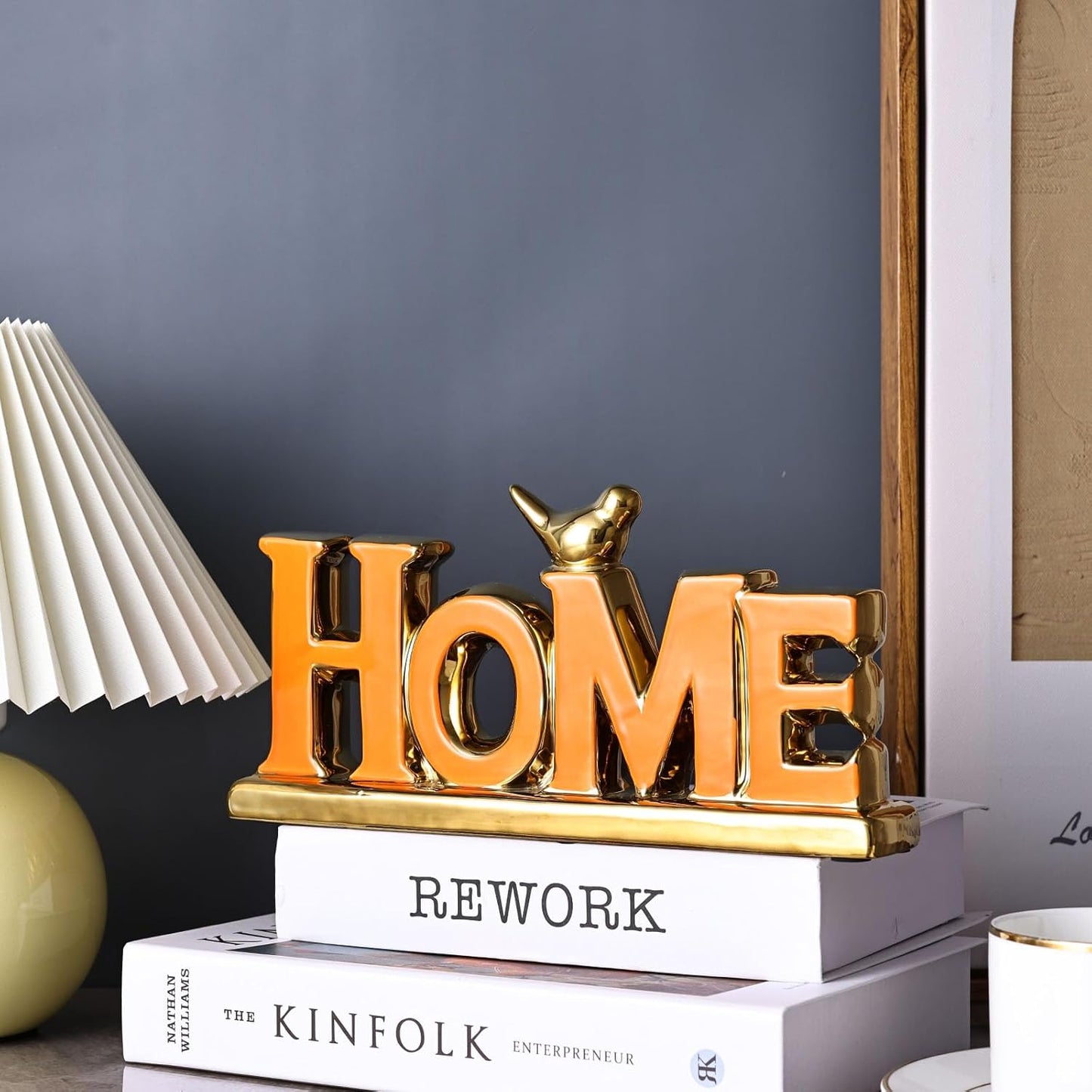 Love Sign Decoration - Orange & Gold Signs for Home Decor, Personalized Love Decor with Gold Bird Sculpture (2 Pcs)