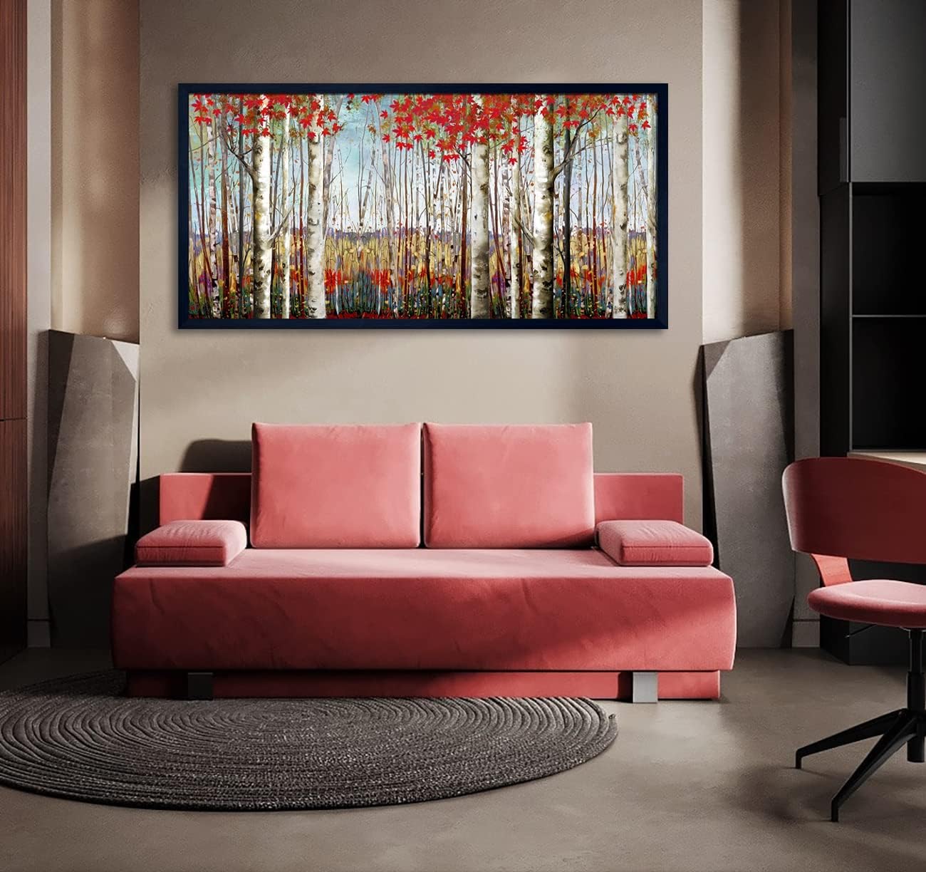 Large Framed Wall Art for Living Room Bedroom Modern Wall Decor of Red Leaves White Birch Tree Forest Giclee Painting Artwork Wall Decoration 29x58 Large Size Black Framed