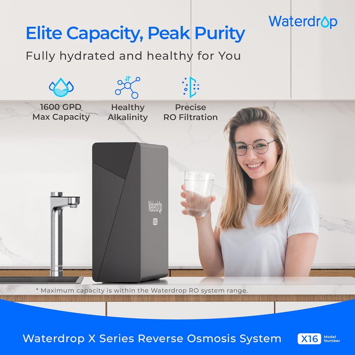Waterdrop X16-Alkaline Reverse Osmosis Water Filter, NSF/ANSI 42&58&372 Certified, 1600 GPD RO System, 11-Stage Filtration, UnderSink, 3:1 Pure to Drain, Alkaline Mineral pH+, Stainless Steel Faucet