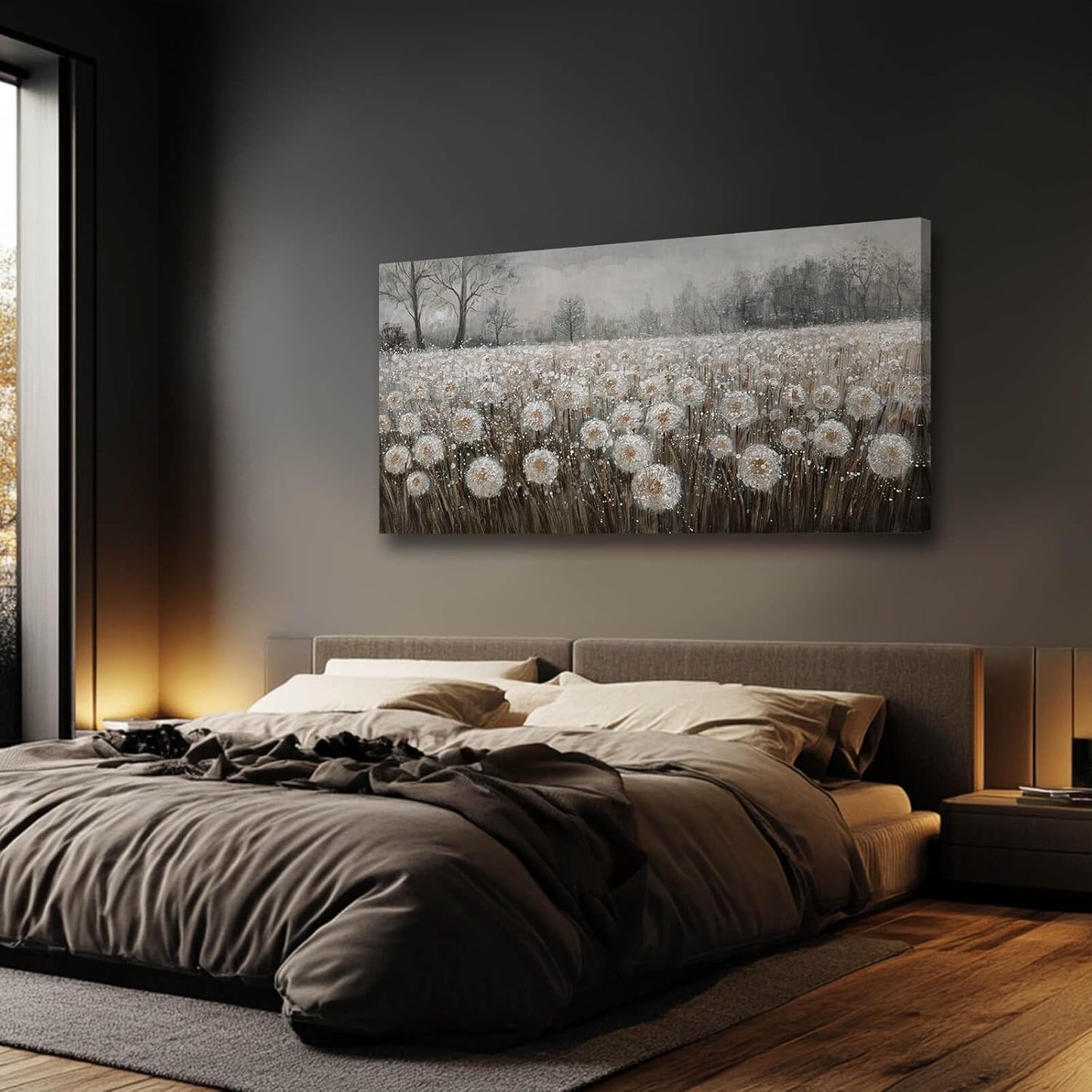 White Flowers Wall Art for Living Room Framed Wall Decor Dandelion Wall Art Artwork Canvas Paintings for Home Office 29"x58”