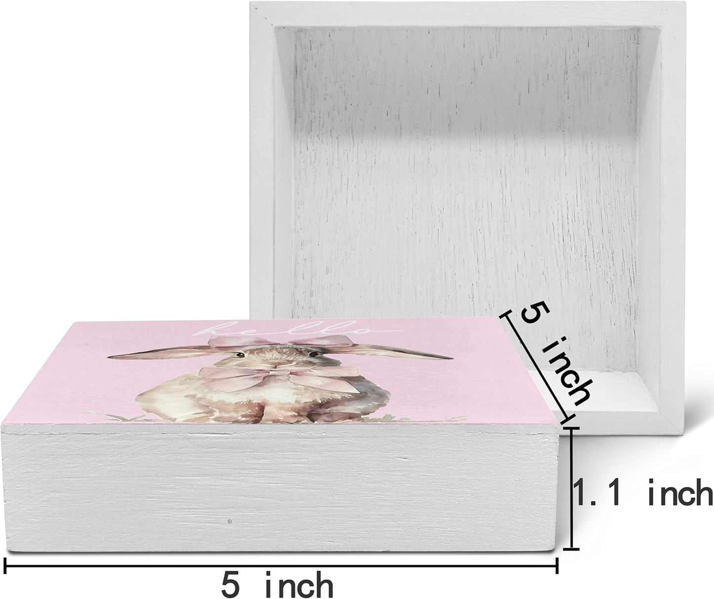 SRADMO Pink Coquette Bow Hello Bunny Wood Box Sign Desk Decor, Bunny Decorations, Easter Theme Wooden Block Box Sign Decoration for Home Office Shelf Table Decor