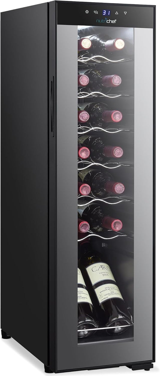 NutriChef Single-Zone Wine Cooler & Chiller – Digital Touch Control, Airtight Seal, 14-Bottle Capacity, Black