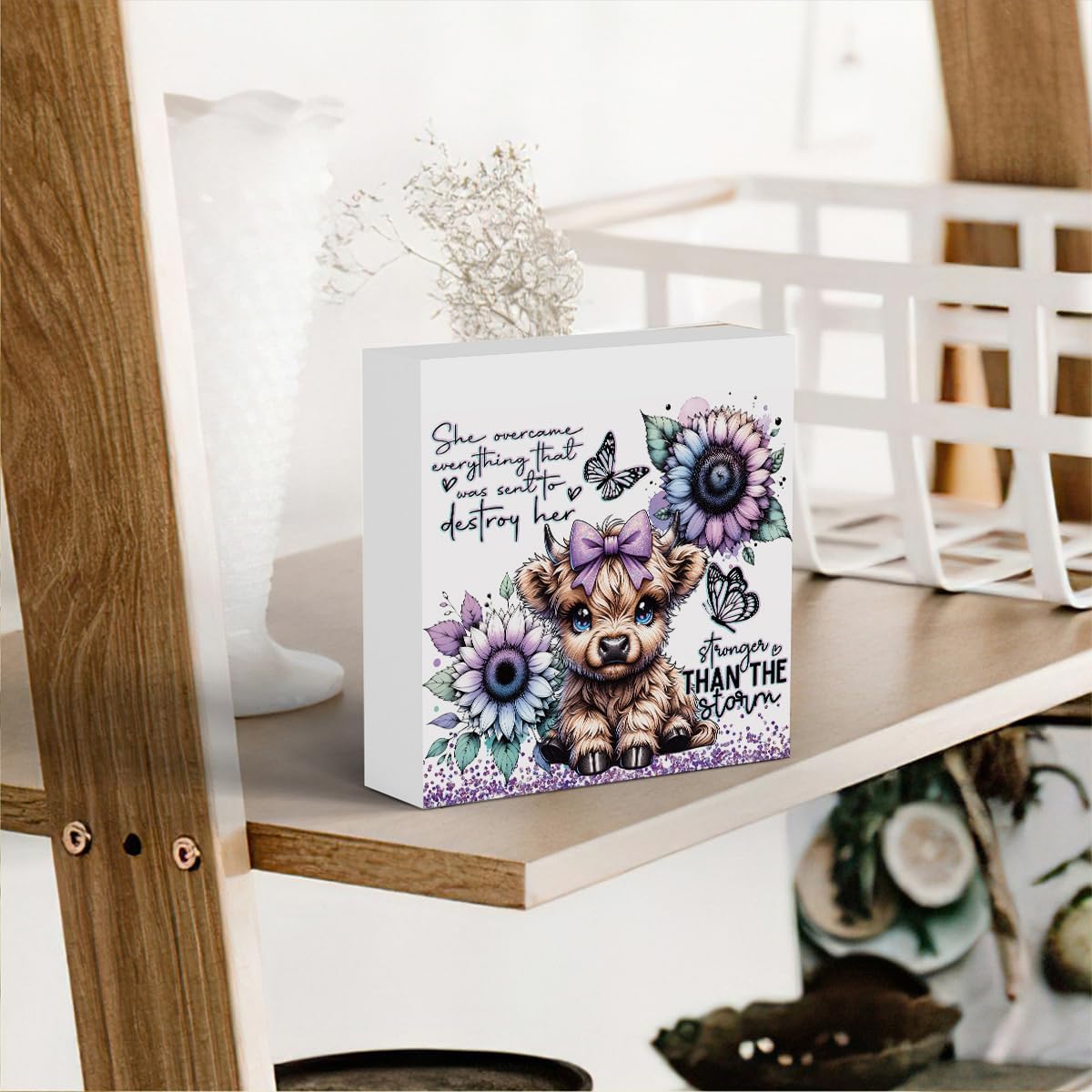 Cute Highland Cow Baby Decor, Highland Cow Sunflower Decor, Highland Cow Gifts for women, Highland Cow Nursery Decor, Wooden Box Decor Sign for Home Farmhouse Office Living Room Table Shelf