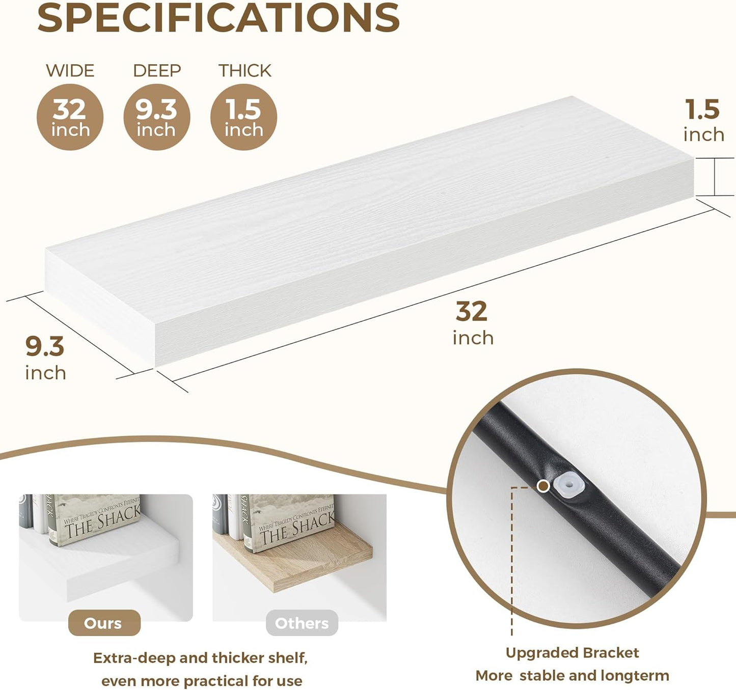 Dreamland 32 Inches Floating Shelves for Wall, 9.3" Deep Long Floating Shelves Set of 2, Large Display & Storage Shelf, Wall Shelf for Bathroom Bedroom Living Room Kitchen Office, White