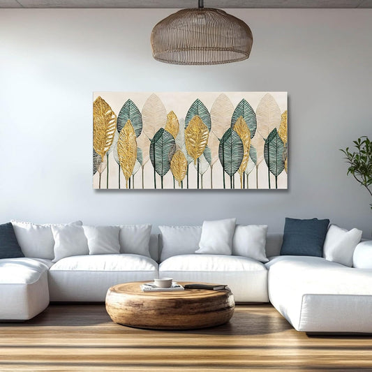 CHUDANHAO Green Wall Art Gold Wall Decor Leaves Prints Pictures Textured Bedroom Decor Line Painting Green Paintings Wall Decorations 24”x48” Artwork for Living Room Dining Room