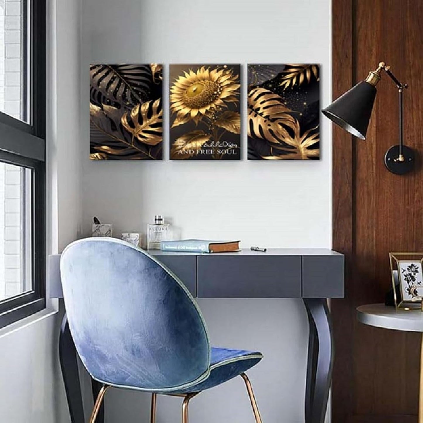 Yxbhhym Bathroom Wall Art Décor Black and Gold Leaf Poster Art Prints Sunflower Canvas Wall Art Paintings Flower Wall Pictures for living room Hallway Décor office Bedroom Decorations