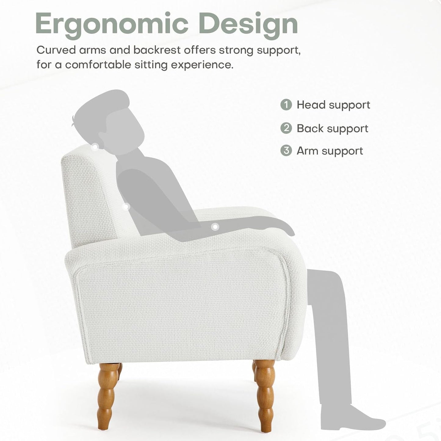 Chenille Fabric Accent Chair, Upholstered Armchair with Solid Wood Legs, Modern Living Room Accent Chair, Comfy Single Sofa Chair Reading Club Chair for Bedroom Reception Lounge, White