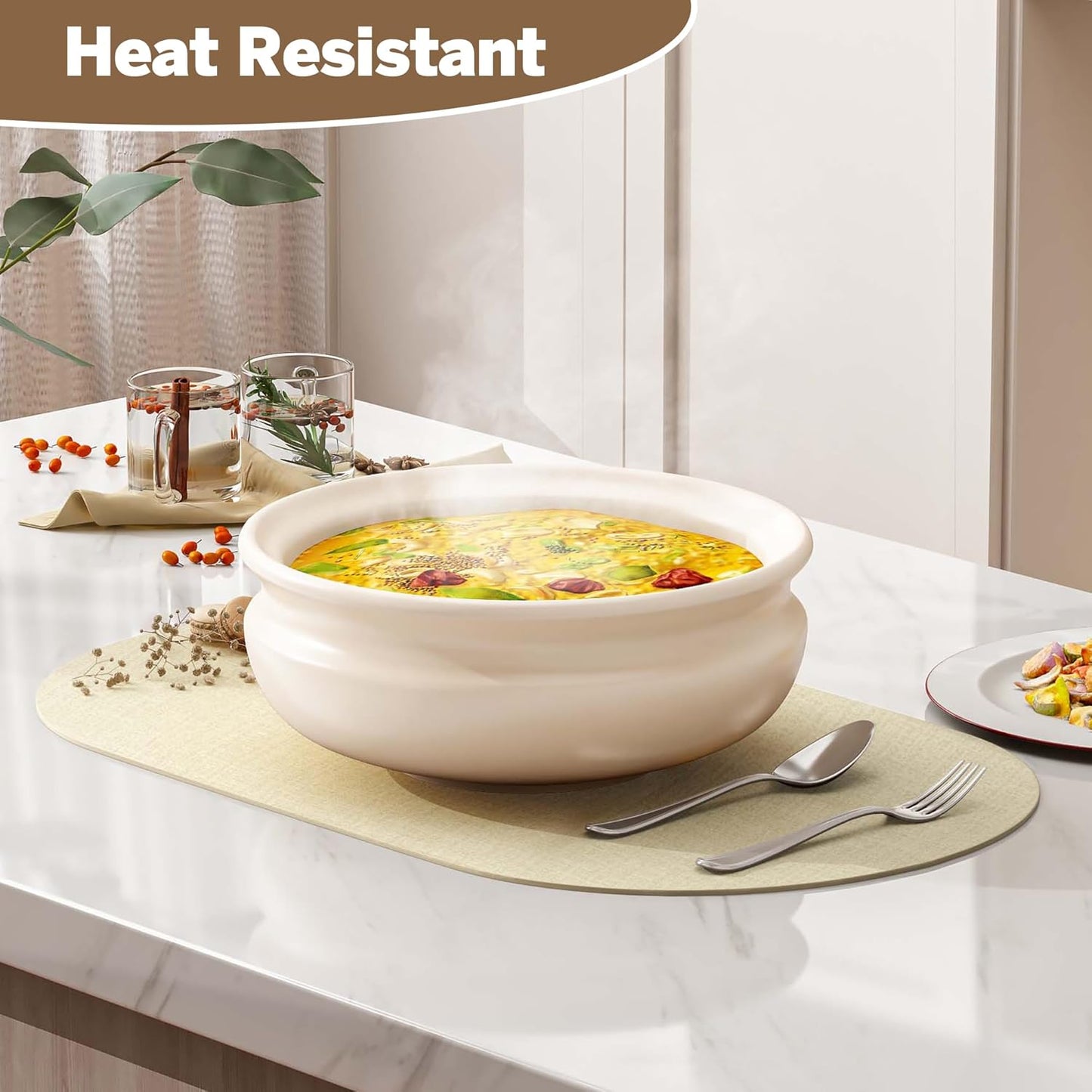 DOLOPL Placemats Set of 6, Oval Reversible Wipeable & Heat Resistant Place Mats, Modern Faux Leather Table Mats for Kitchen, Neutral Tablemats for Dining Table Decor, Wedding, Party(Beige)