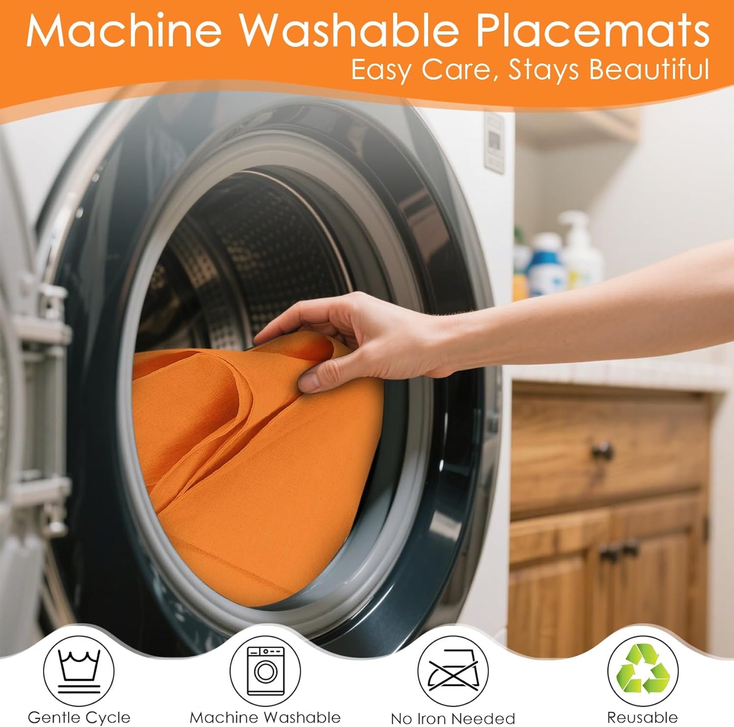 MANSPHIL Orange Cloth Placemats Set of 6, Double Layer Faux Linen Place Mats Heat Resistant Washable Table Mats for Dining Kitchen, 13x19 Inch